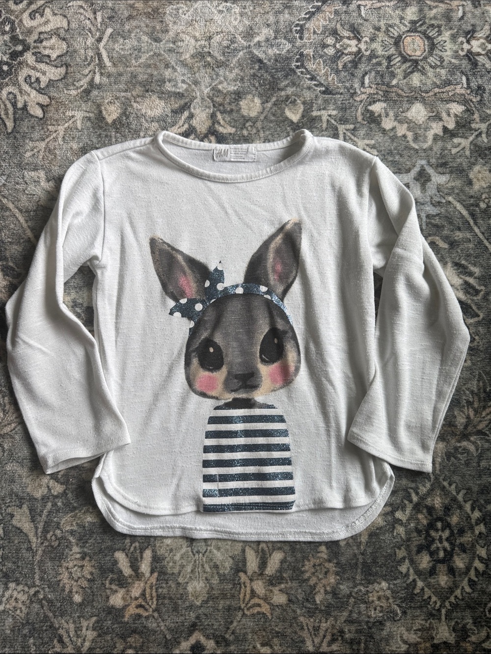 H&M White Long-Sleeve Bunny Graphic Tee with Navy Accents